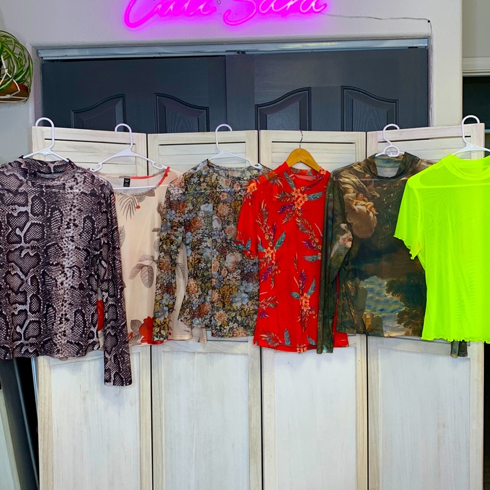 SHEIN Sheer Print Mesh Tops